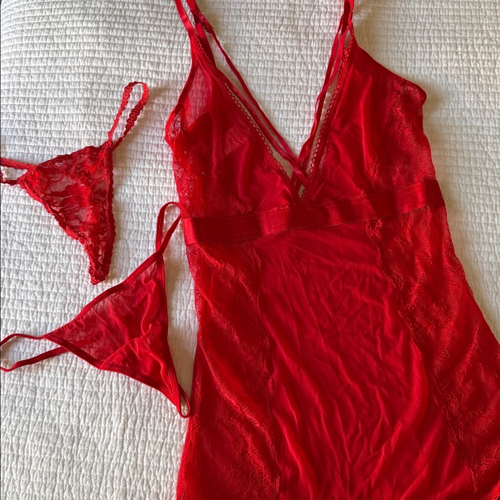 3 piece Red Chemise Set
